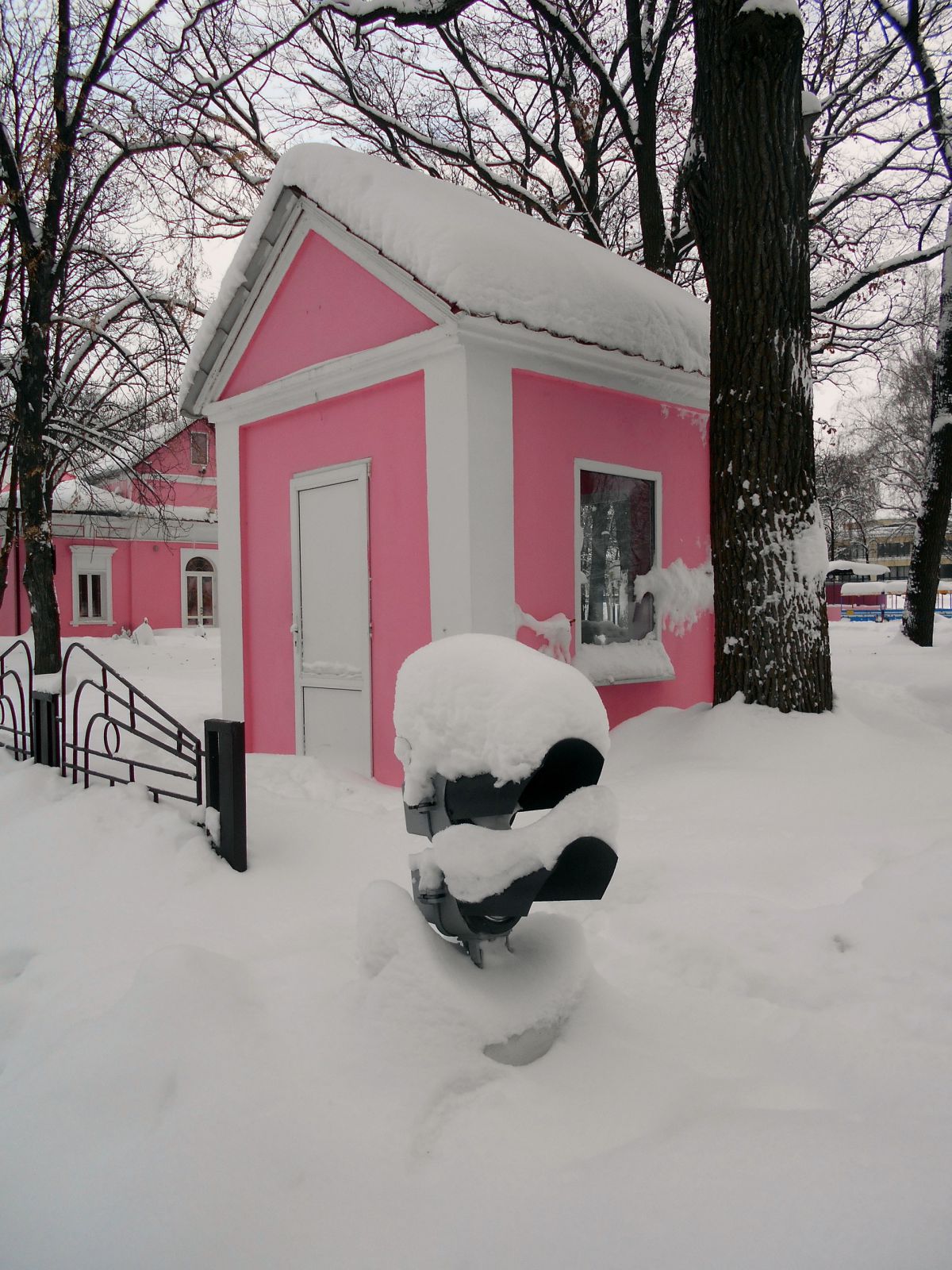 Стрелочный пост и маневровый светофор под снегом.